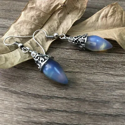 Moonstone Sea Opal Silver Plated Tear Drop Dangle Earrings Lab-Created • $3.64