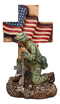 Military War Hero Soldier With Rifle By American Flag Cross Memorial Figurine • $39.99