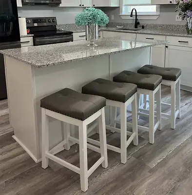 Set Of 4 Counter Height Bar Stools Gray Faux Leather Padded Kitchen Chairs 24  • $289.89