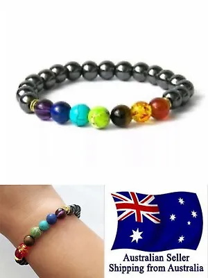 New Chakra Bracelet Healing Lava Stone 7 Bead With 8mm Black Hematite Bead 1pc • $5.45