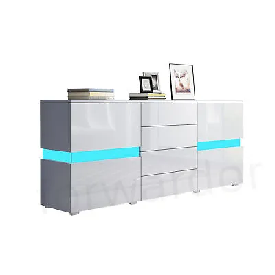 White High Gloss Display Cabinet Sideboard Cupboard Matt Side With RGB LED Light • £165.99