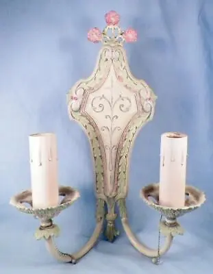 Art Deco Wall Sconce Cast Metal 2 Candle Light Fixture Flowers Leaves Scrolls • £193.02