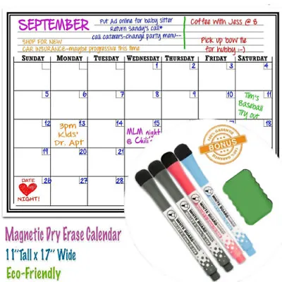 Magnetic Refrigerator Whiteboard Dry Erase Monthly Calendar Eraser Markers 17x11 • $9.91
