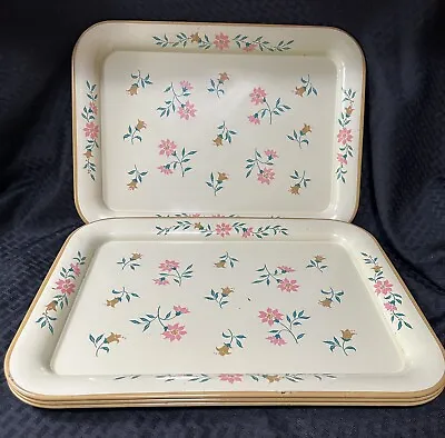 Vintage Metal Dinner TV Trays Floral Design Set Of 4 Mid-Century Modern • $27.50