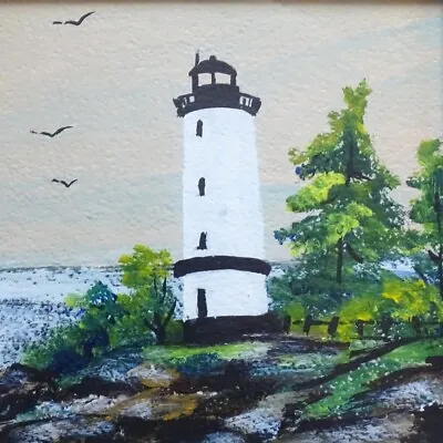 Vint Miniature Folk Art Acrylic Seascape Lighthouse Painting Maine Coast Framed • $16.80