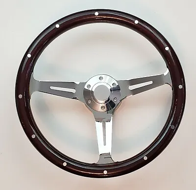 15  DARK REAL MAHOGANY WOOD STEERING WHEEL + Adaptor + Horn Button CHEVY FORD  • $189.95