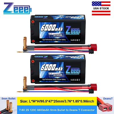 Zeee Shorty 2S Lipo Battery 6000mAh 7.6V 120C 5mm Bullet Deans For RC Car Truck • $63.74