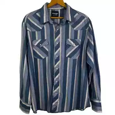 Wrangler Pearl Snap Blue Striped Button Up Western Cowboy Shirt Men's Size XL • $18.99