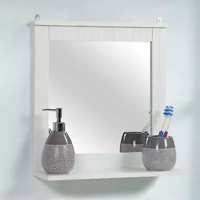 Wall-Mounted White Bathroom Mirror Wood Shelf Rectangle Durable Space Saving • £15.95