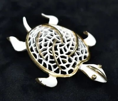 Vintage Turtle Enamel Gold Tone & White Brooch Pin Open Work Sea Turtle Jewelry • $16.90