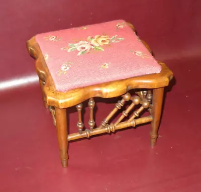 Antique Small American Maple Foot Stool Ottoman W Needlepoint Floral Cushion Top • $74.75