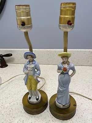 VTG Porcelain Figural Victorian Lady & Man PAIR Bedside Lamp Brass Base P-131 • $49.99