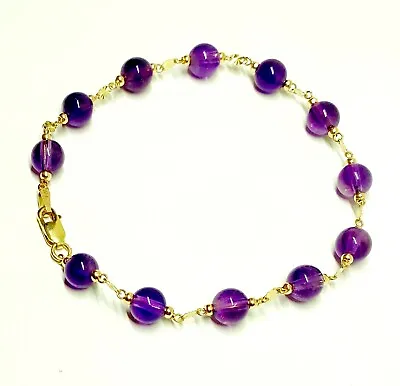 14k Solid Yellow Gold 6mm Natural Amethyst Bracelet 7 Inches  Lobster Claw • $90