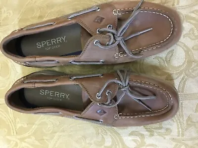 Sperry Top Sider  Billfish 3-Eye Boat Shoe Dark Tan 10 Vintage Leather Get Wet X • $15