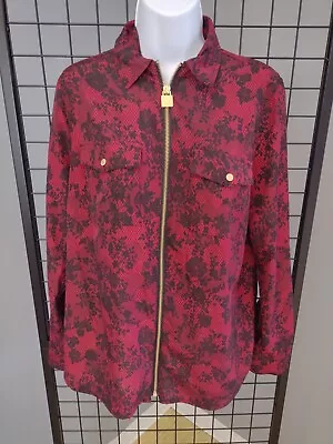 Michael Kors Floral Lace Print Blouse Woman's Size Medium Full Zip Red Black Top • $17.99
