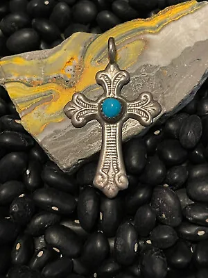 Vintage Sterling Silver Stamped Turquoise Single Stone Cross Petite Pendant • $65