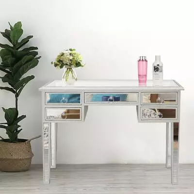 Modern 5 Drawer Mirrored Vanity Make-Up Desk Console Dressing Silver Glass Table • $144.99
