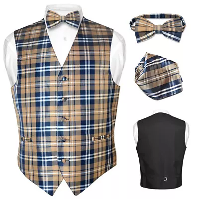 Men's Plaid Design Dress Vest BOWTie Navy BROWN White BOW Tie Hanky Set Suit Tux • $24.95