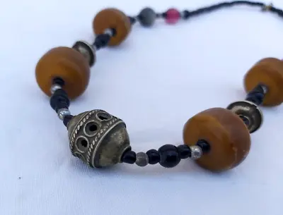 Moroccan Necklace Handmade Amber Resin Vintage Jewelry African Amazonite Necklac • $75.99