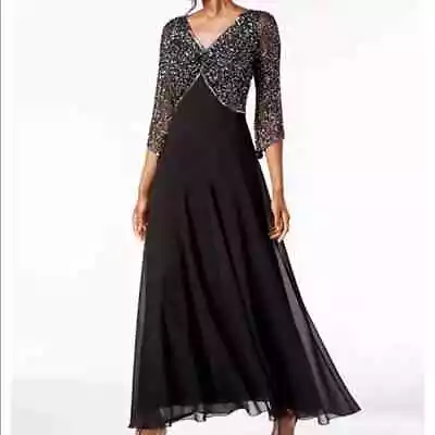 J Kara Women's Black Embellished 3/4-Sleeve Gown Sz 8 • $59