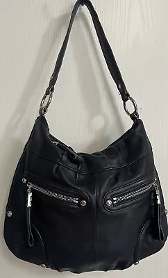 B Makowsky Black Leather Silver Hardware Handbag Hobo Style  Leopard Lining EUC • $29