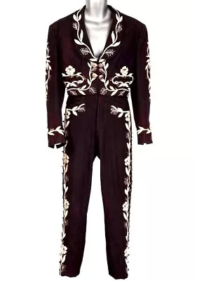 Men's 2Pc Customize Mariachi Black Floral Embroidered Groom And Groomsmen Suits • $1049.75