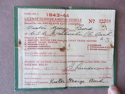 Vintage 1944 Drivers License City Of Auckland New Zealand WWII USA Citizen Auto • $12