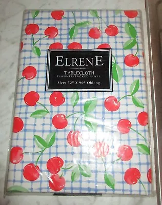 ELRENE Flannel Backed Vinyl Tablecloth - Blue Check W/ Cherries 52  X 90  NIP • $12