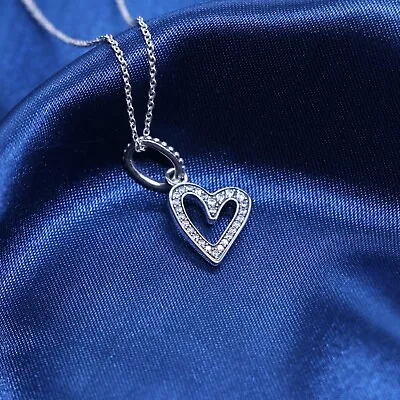 New Pandora Womens Silver Necklace Sparkling Love Freehand Open Heart 45cm Gift • £21.49