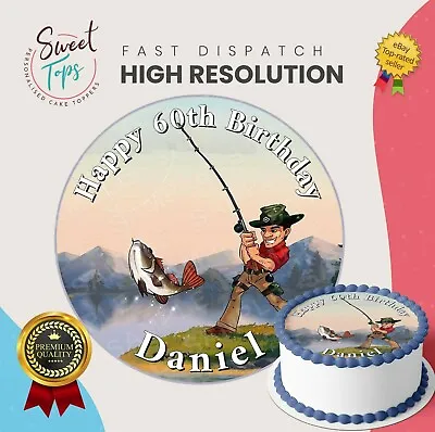 Fishing / Fisherman Edible Round Birthday Cake Topper Decoration Personalised • £12.49