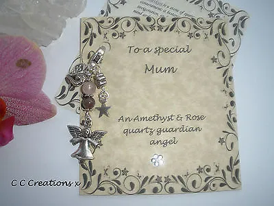 £3.99 • Buy Amethyst Rose Quartz Personalised Gemstones Crystal Guardian Angel Keyring Charm
