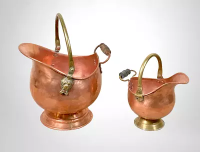 2 Antique Copper Coal Buckets W/ Handmade Details & Wood Handles EXC Gift Basket • $42