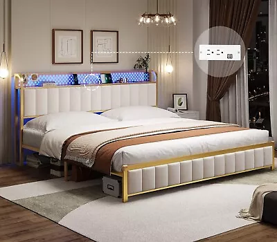 King Bed Frame With LED Light Headboard&Outlets Modern Upholstered Platform Bed • $179.97