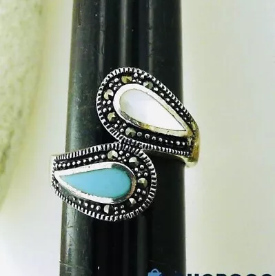 Turquoise Mother Of Pearl Marcasite .925 Sterling Ring Size 7 • $21