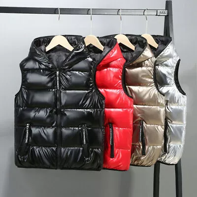 Mens Puffer Quilted Hooded Waistcoat Metallic Shiny Gilet Bubble Jacket Coat • $33.62