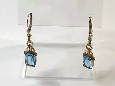 Vintage Blue Emerald Cut Faceted Dangle Pierced Earrings Roll Gold HV  794 • $26.95