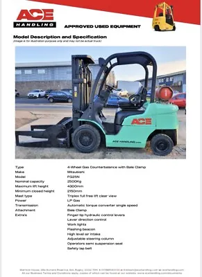 Mitsubishi FG25N Container Spec Bale Clamp Forklift Buy-£11995 HP-£59.90 AH1686 • £59.90