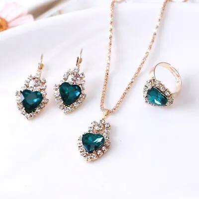 £4.69 • Buy Womens Crystal Jewellery Set Gold Necklace Earrings Pendant And Ring Set UK