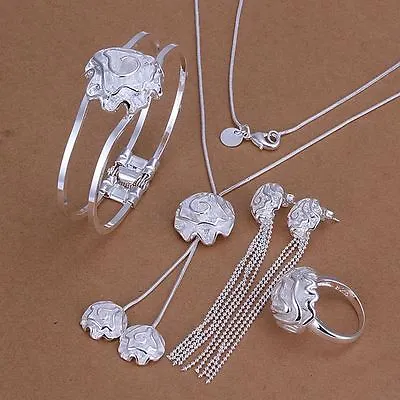 Fashion Flower Cute Silver Rose Ring Earring Bracelet Necklace Set 925 S324 • $4.80