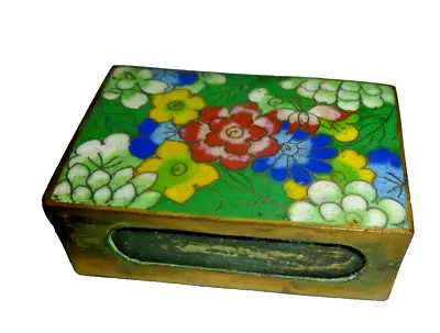 VINTAGE CLOISONNE ENAMEL FLORAL MATCH BOX HOLDER Brass Beautiful • $38.94