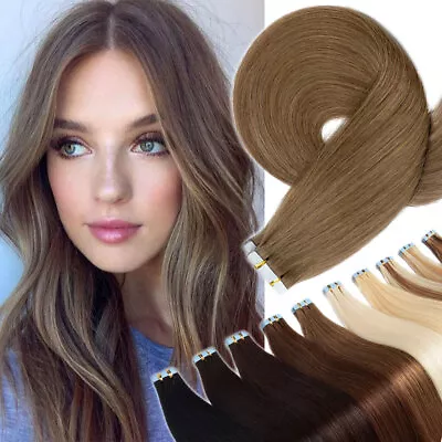 £23.28 • Buy CLEARANCE 60pcs Tape In Real Remy Human Hair Extensions Skin Weft Full Head 150G