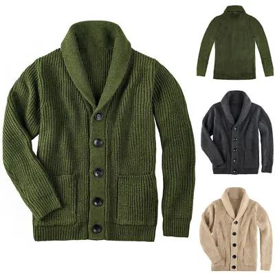 Mens Coats Shawl Collar Cardigan Sweater Cable Knit Button Sweater Pockets Warm • $32.38