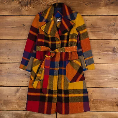 Vintage Utex Wool Jacket XS 70s Belted Over Coat Plaid Multicoloured Womens • $68.44