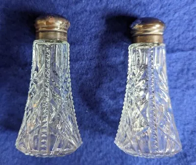 Vintage Salt & Pepper Shakers Pressed Glass Sterling Silver Tops - 3 1/4  H • $5.99