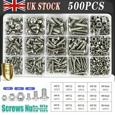 500Pcs M3 M4 M5 Screw Bolts Nuts & Washer Set Hex Head Cap Stainless Steel Kit • £9.76