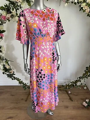 Pink Floral Midi Tea Dress BY Influence Size 8 & 12 Flutter Sleeve FREEPOST MX76 • £12.99
