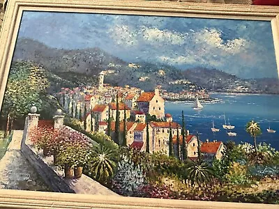 Framed Painting Mediterranean Landscape Italy 41” X 29” Original Oil On Canvas • $95