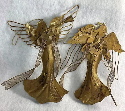 Two Gold Toned 6  Tin Metal Angel Christmas Ornaments W/Harp & Horn • $14.99