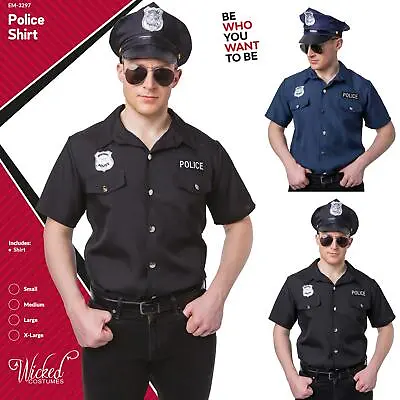 Mens Police Shirt Short Sleeve Silver Badge US Cop Special Force Fancy Dress • £14.29