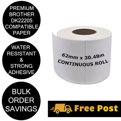 Compatible Brother DK22205 White Continuous Label 62mm X 30.48m QL570 700 22205 • $25.95